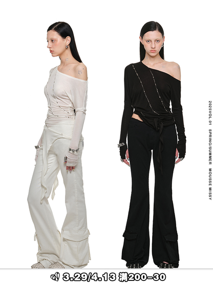 Rivet Slant-Shoulder Knit Top – Diamond Detail Irregular Style