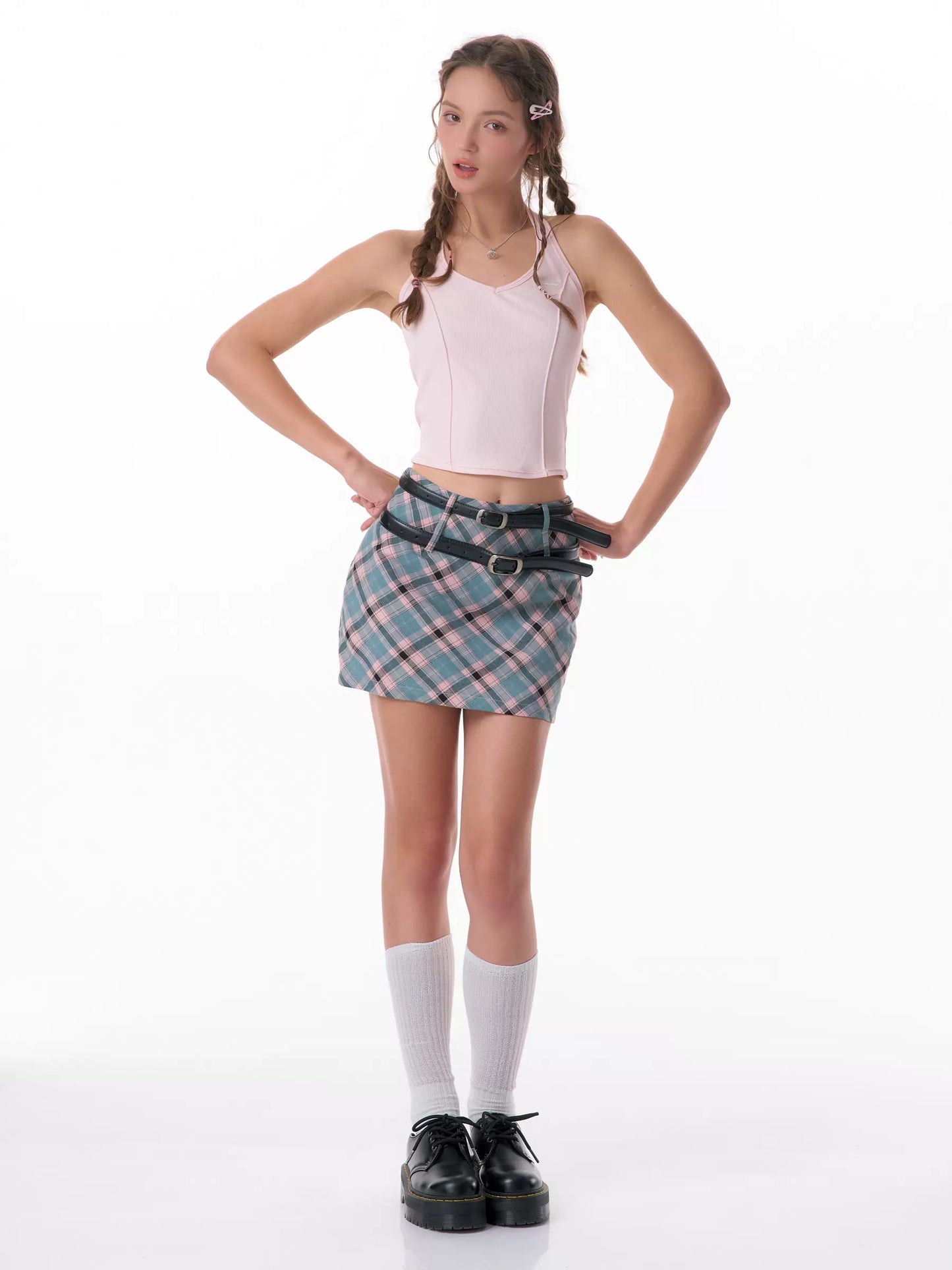 Pink & Blue Plaid A-Line Skirt | Retro High Waist Slim Fit for Summer