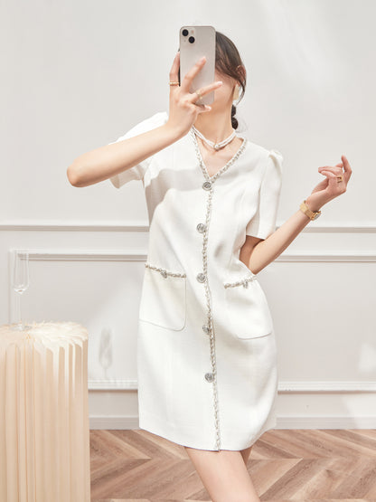 Light Luxury French White V-Neck Dress