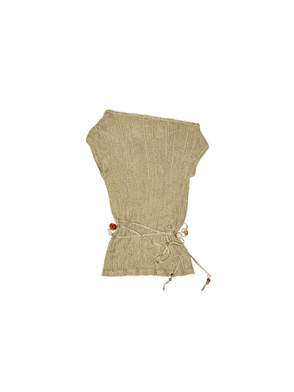 Pleated Lace-Up Knit Top – Sheer Loose Short Sleeve Off-Shoulder Cover-Up