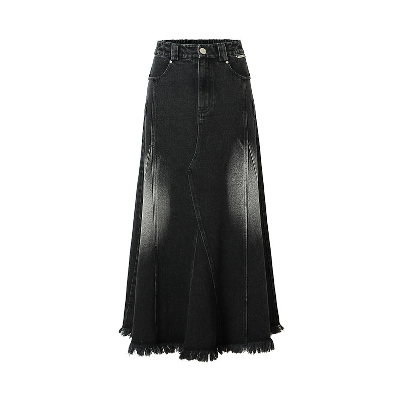 Vintage Wash Small Outlets Irregular Design Raw Edge Denim Skirt