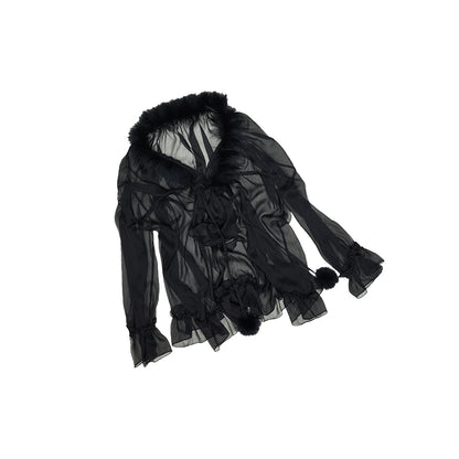 Chiffon Shirred V-Neck Blouse – Sheer & Flowy Loose Fit Shirt