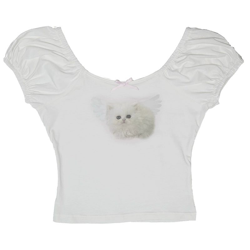 고양이 토끼 목 티셔츠