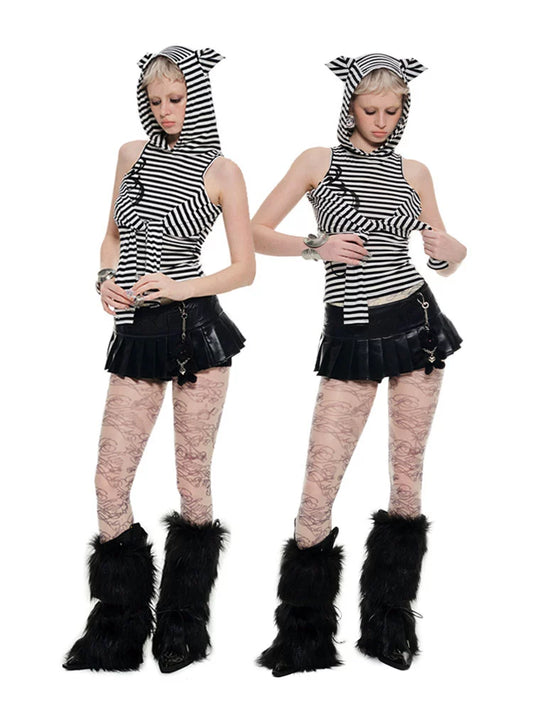 Striped Hoodie Base Layer with Cat Ears – Slim Fit Off-Shoulder Design