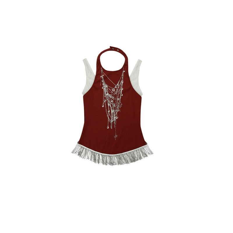 Chain Tassel Tank Top | Rebellious Punk Fake Two-Piece Design