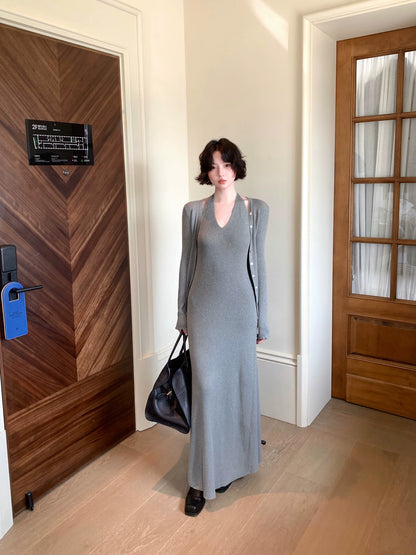 Qingtan Knit Cardigan & Halter Long Dress Set – Hong Kong Retro Autumn Look