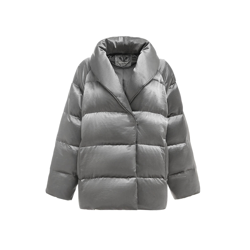 Silver Satin Down Jacket – 90% White Duck Down Thick Winter Puffer for Women