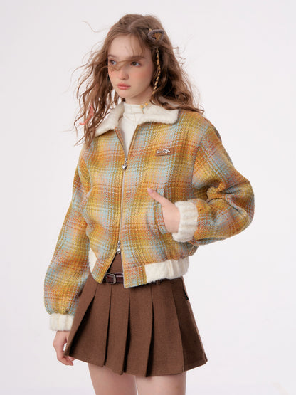 Yellow Checkered Velvet Wool Jacket | Short Collar Retro Design for Autumn/Winter