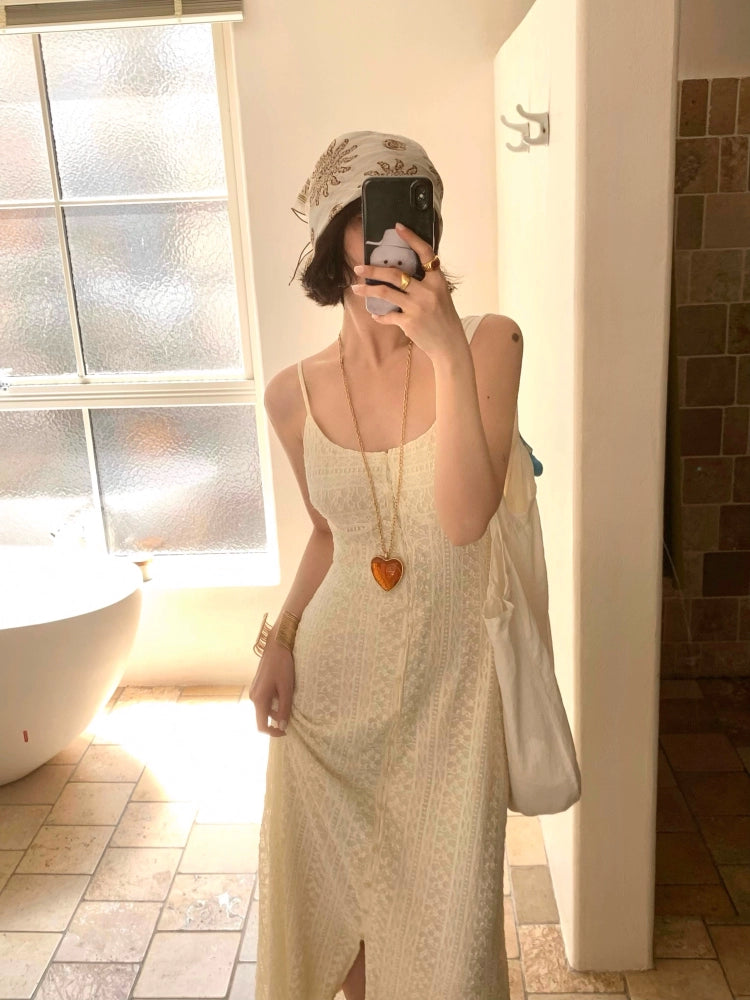 [Peach Blossom Brewing] French Lace Slit Slip Maxi Dress