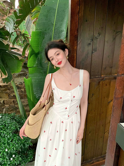 Red Rose Embroidery Midi Swing Dress