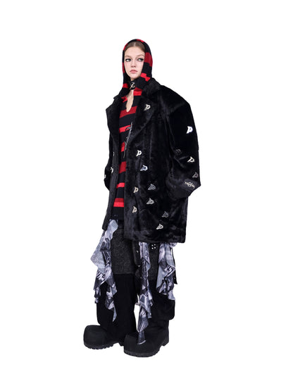 Metal Accent Letter P Jacket with Fur Shoulder Padding (Unisex)