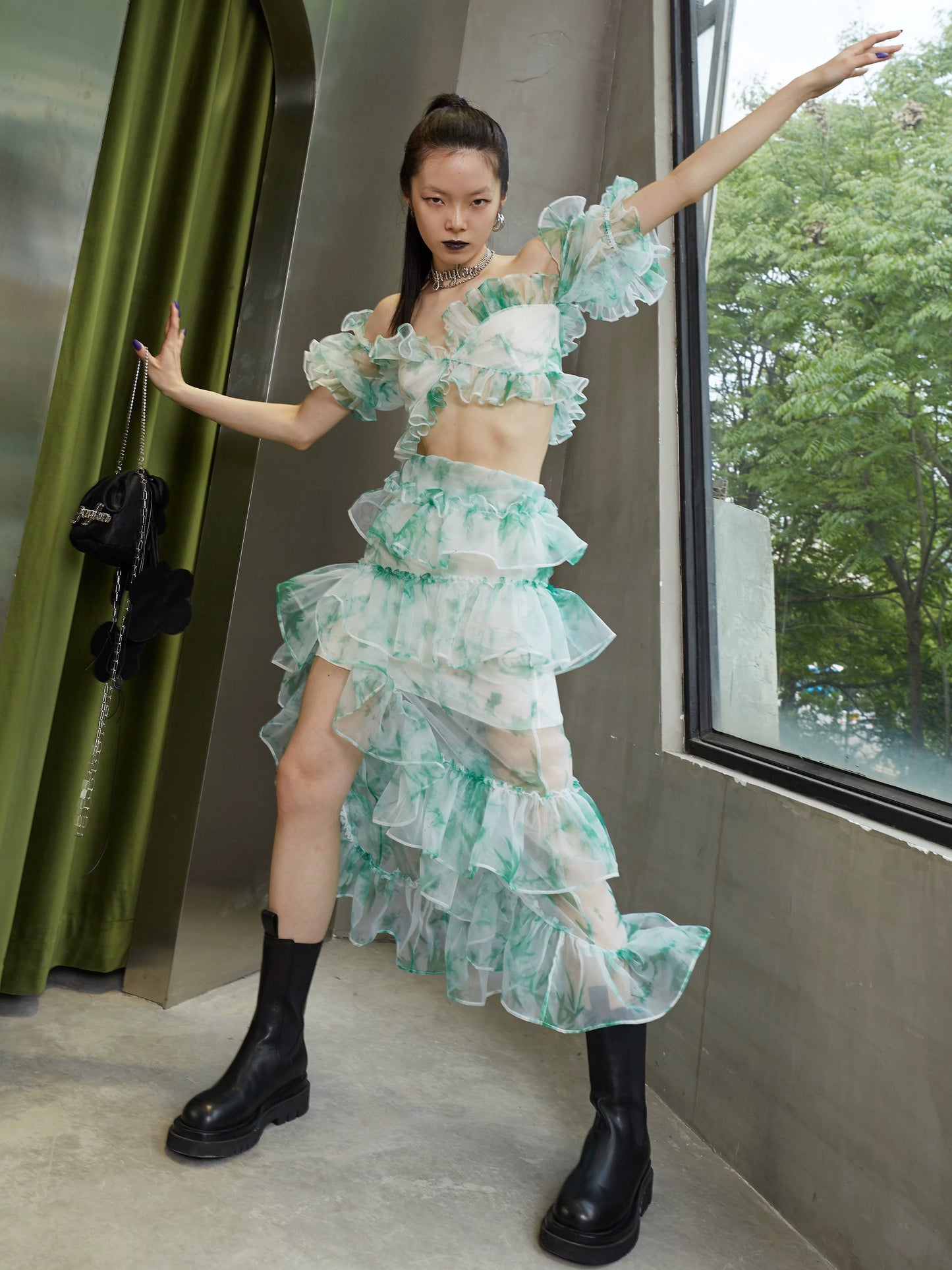 Mint Candy Organza Split Ruffle Edge Skirt