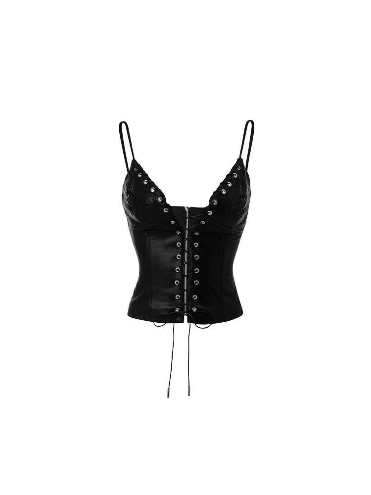 French Cut-Out Lace-Up Leather Camisole – Slim Embroidered Design