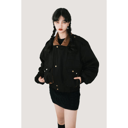 Winter Cotton Retro Black Jacket - Spliced PU Collar