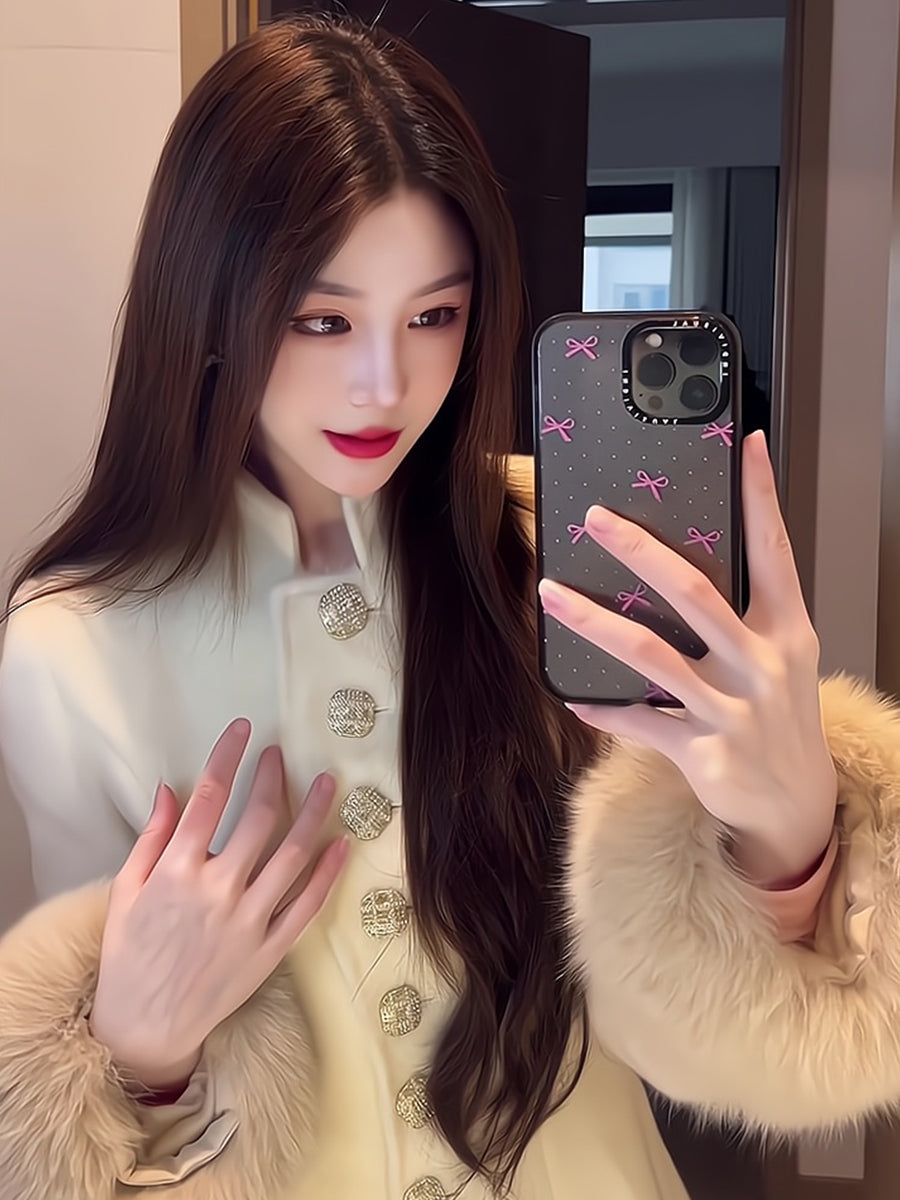 Gold-Tone Cashmere Coat – Fox Fur-Trimmed Elegant Tweed Jacket