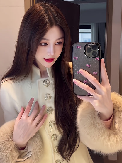 Gold-Tone Cashmere Coat – Fox Fur-Trimmed Elegant Tweed Jacket