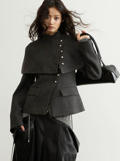 Detachable Cape Wool Short Coat | Elegant Dark Gray Winter Jacket