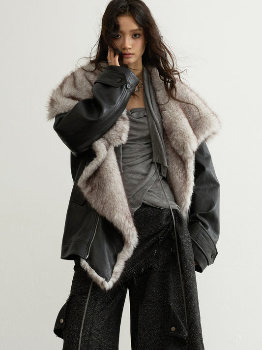 Detachable Fur Collar PU Leather Jacket | Urban Nomad Unisex Coat