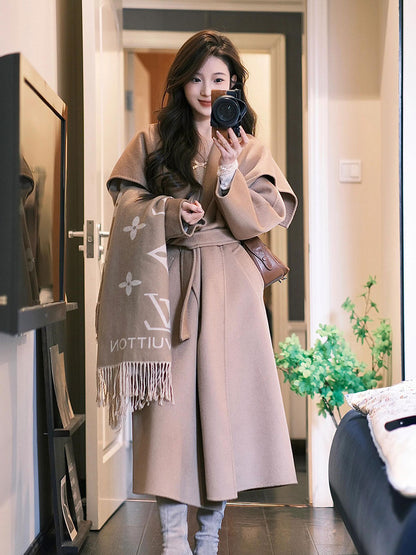 Camel Double-Sided Cashmere Coat – Hepburn-Style Mid-Length Woolen Elegance