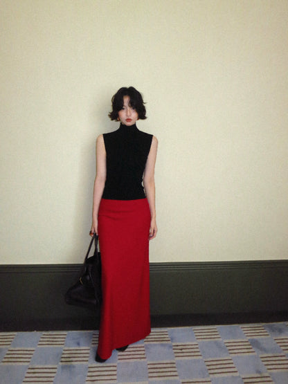 Red Rose High-Waisted Linen Pencil Skirt – Hong Kong Retro Autumn Classic