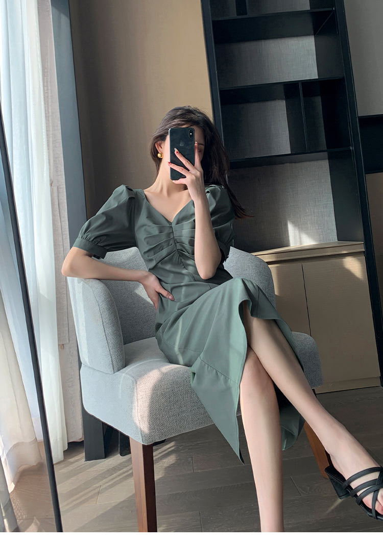 Green Summer Bubble Sleeve Dress