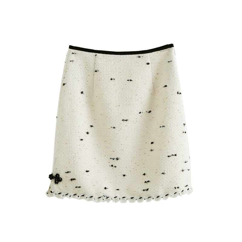 wool marble tweed half length short skirt, golden silk, Chinese style crystal clasp