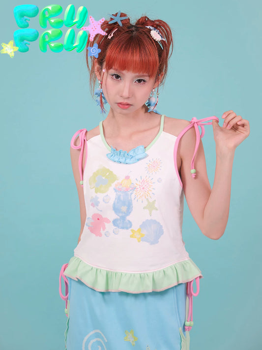 Gollum Store Original Summer Y2K Girl Niche Cute Dolphin Print Fake Two-Piece Camisole
