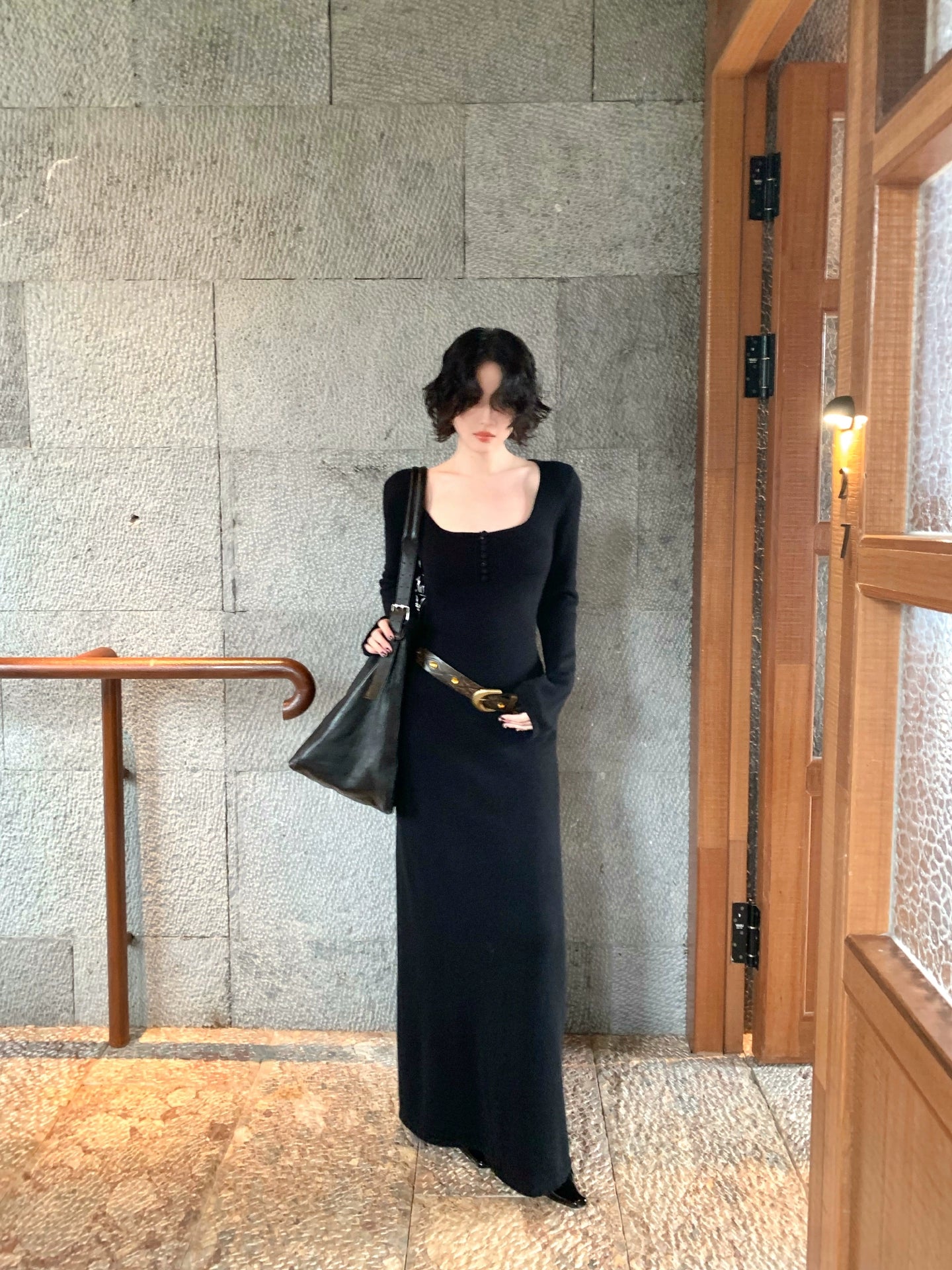 Raccoon Fleece Wool-Blend Square-Neck Long Dress – Hong Kong Retro Winter