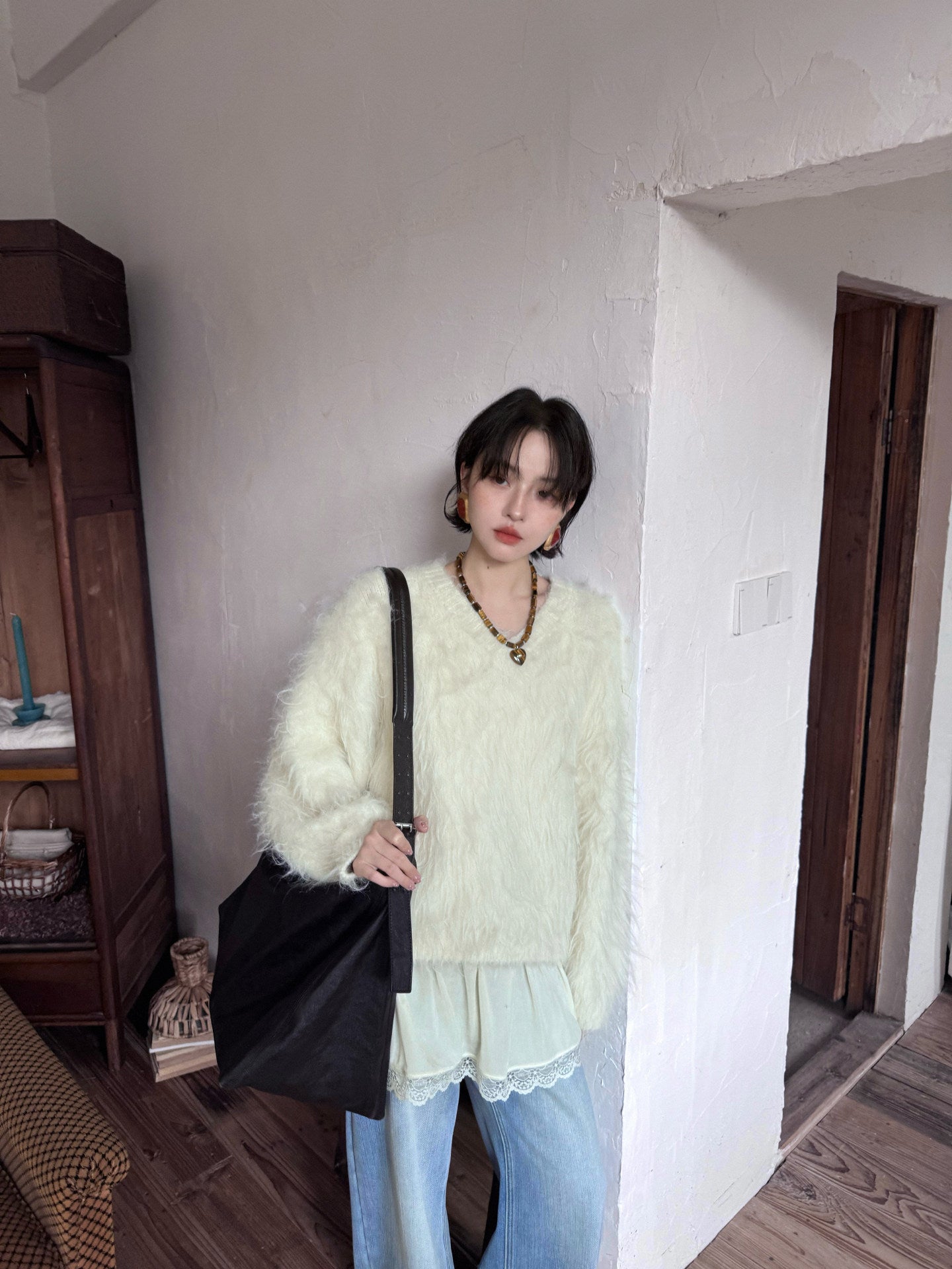 Plush V-Neck Knit Sweater