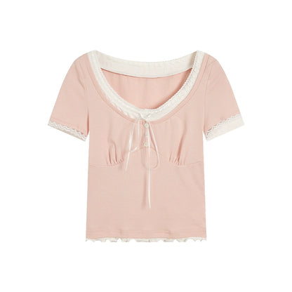 [Miss Hilton] Lace Ribbon Tie T-Shirt - Chic Layered Style