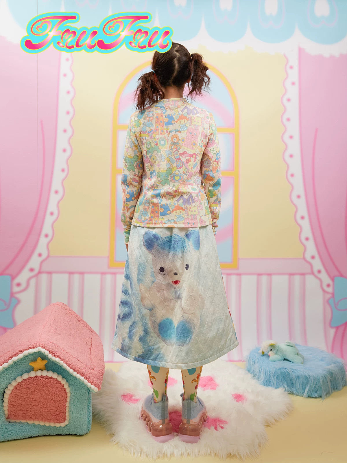 Gollum Store Girl's Room Original Double-sided Cartoon Print Sweet Quilted Girl Quilted Skirts for Autumn and Winter