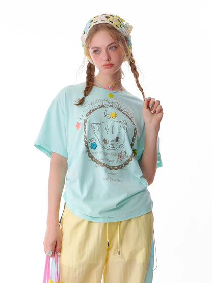 Cat Print Drawstring T-shirt | Loose Round Neck Retro Design for Summer