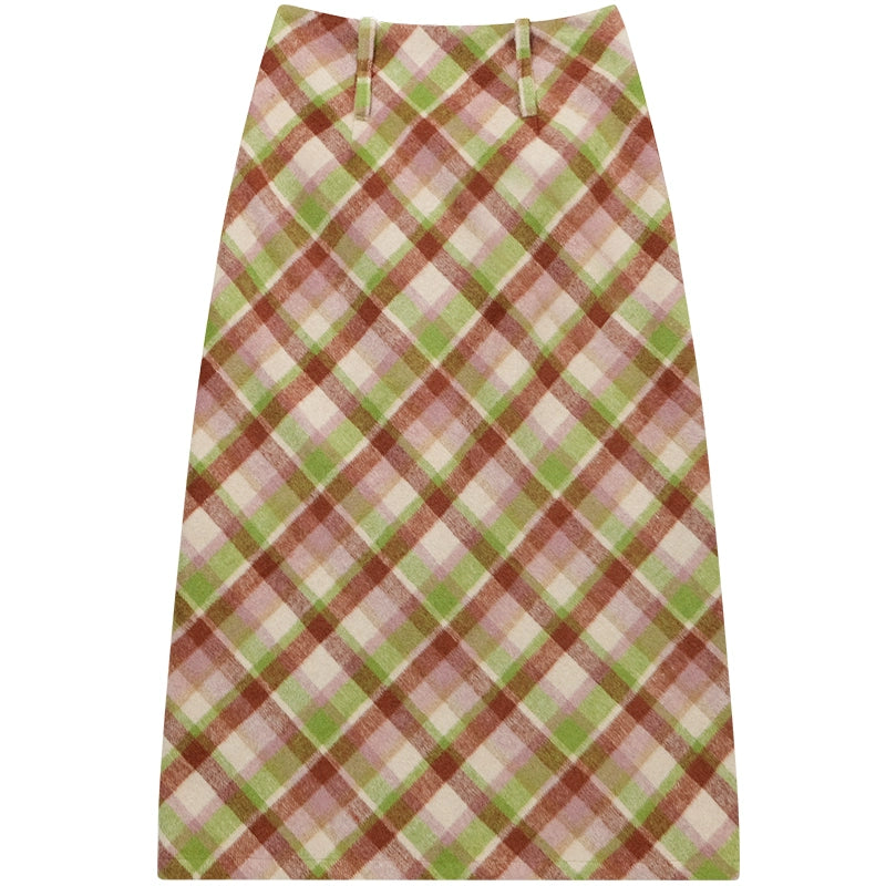 Green Plaid Wool Skirt | High Waist Slim Fit Children's Style for Autumn/Winter