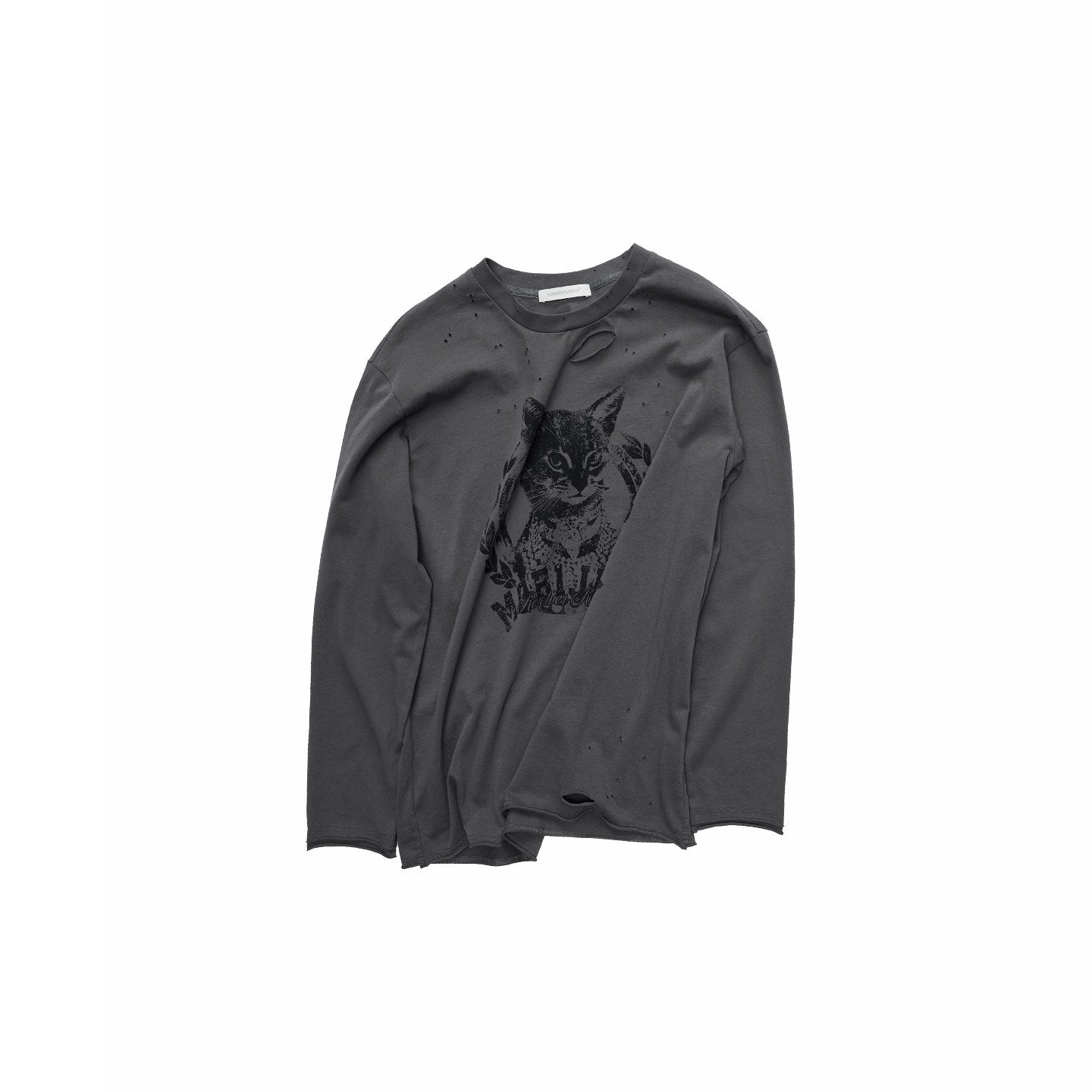 Cat Print Distressed Long Sleeve Tee