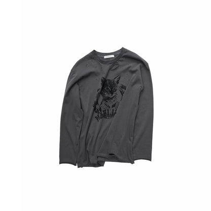 Cat Print Distressed Long Sleeve Tee