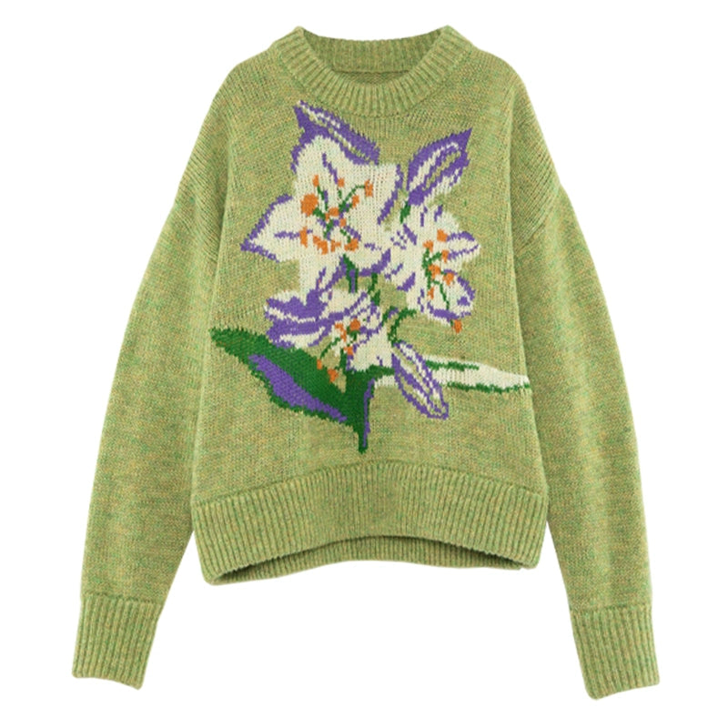 Sakura Jacquard Pull en laine verte jaune