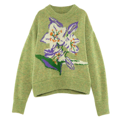 Сакура Жаккард Желто -зеленая шерстяная свитер