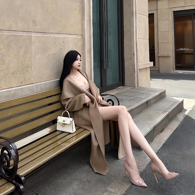 Camel Double-Faced Cashmere Coat – High-Quality Large Lapel Woolen Cape