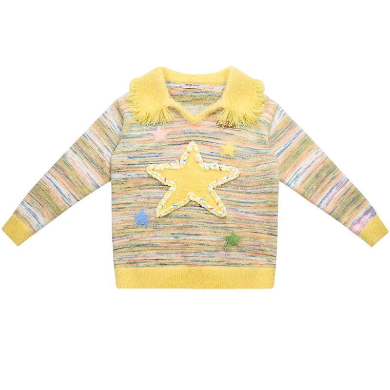 Tassel Polo Sweater | Yellow Star Striped Retro Design for Autumn/Winter