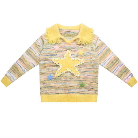 Tassel Polo Sweater | Yellow Star Striped Retro Design for Autumn/Winter