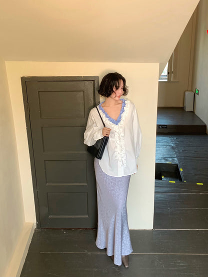 French Retro Color-Block Faux Two-Piece Lace V-Neck Shirt – Autumn Style