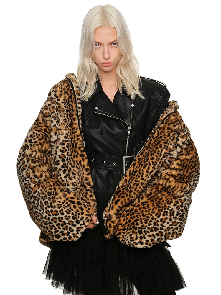 Vintage Leopard Print Faux Fur Jacket – Eco-Friendly Rabbit Fur Midi Coat