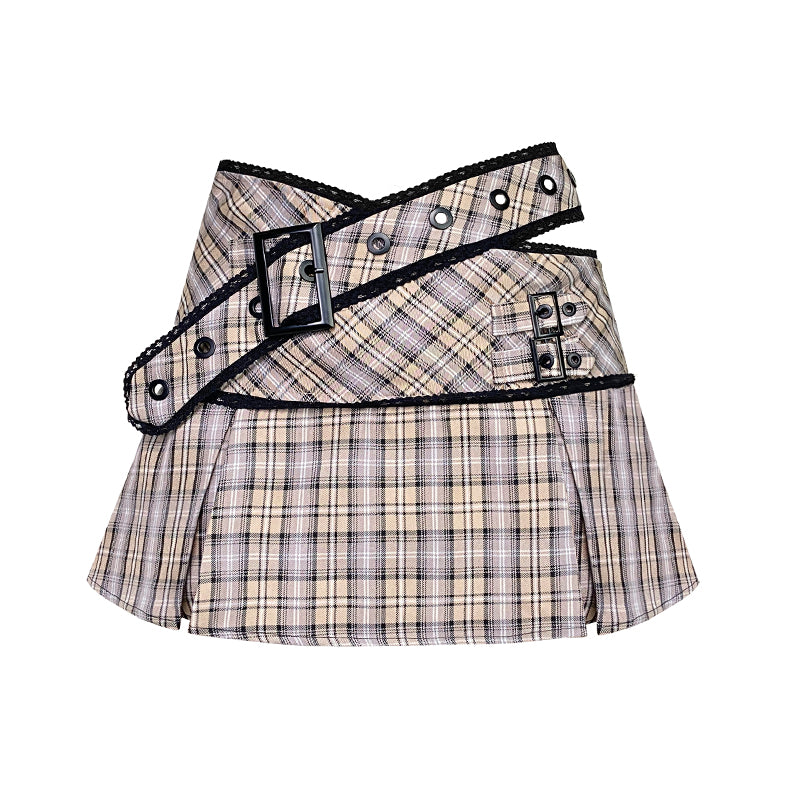 Hollow Waist Plaid Pleated Skirt