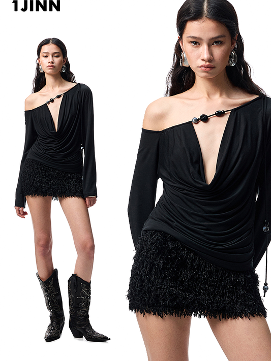 Beaded Off-Shoulder Long-Sleeve Cover-Up – Shirred Deep V Resort Top