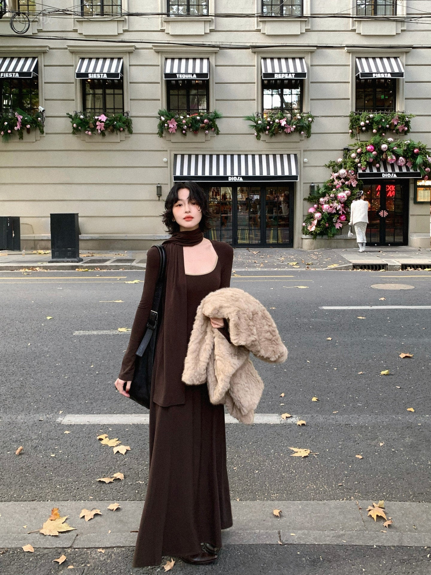 Plain Shadow Scarf-Neck Maxi Dress