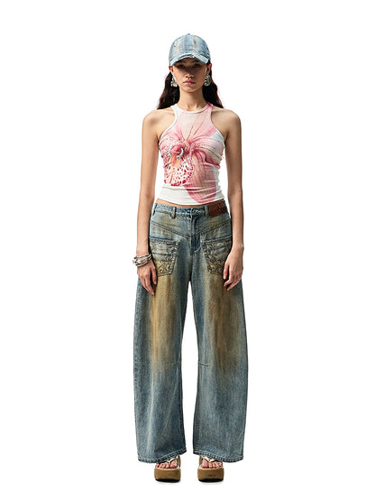 Clay-Dyed Blue Distressed Embroidered Jeans – Deconstructed Low-Rise Fit