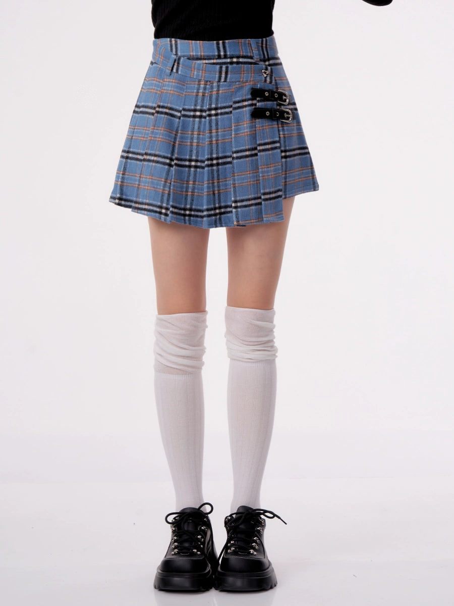 Blue Checkered Pleated Wool Skirt | High Waist Irregular Design for Autumn/Winter