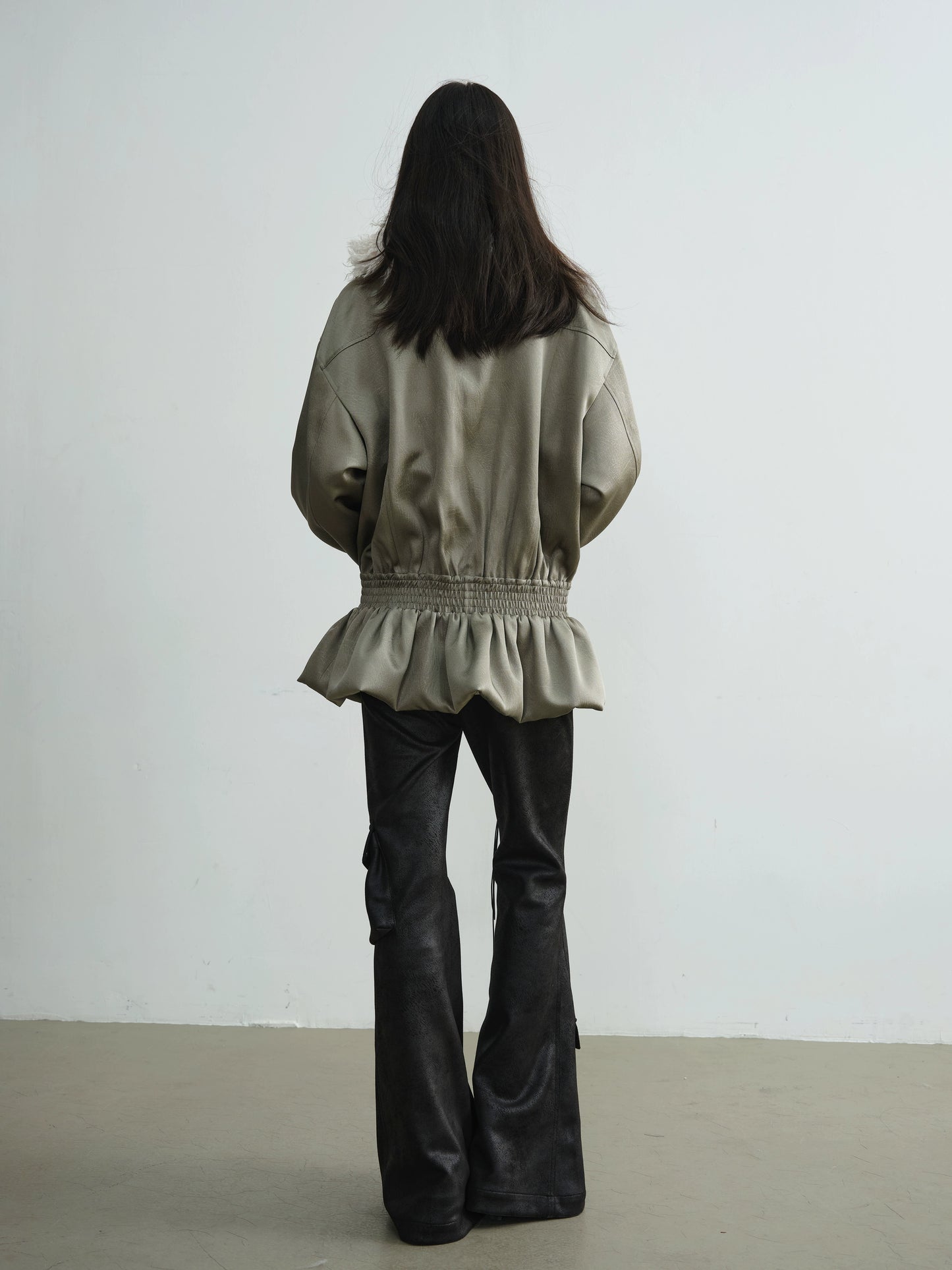 Ruffled Hem Satin Glossy Jacket with Wool Collar