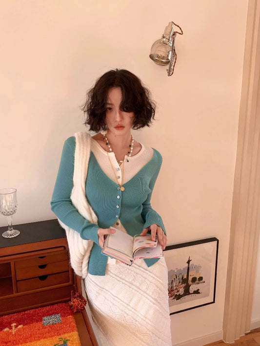 Double-Layer Wool Knitted Cardigan with a Floral Dream Theme