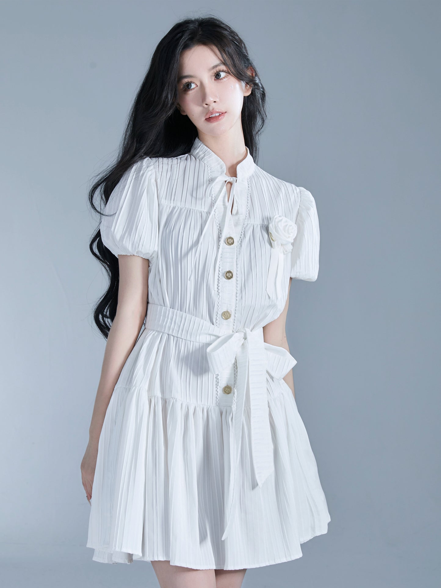 French Holiday White Bubble Sleeve Tie Dress